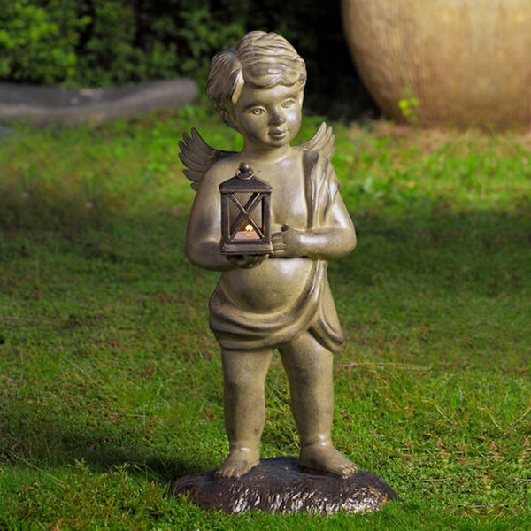 Cherub Garden Lantern Sculpture for Tealight Aluminum Statue Winged